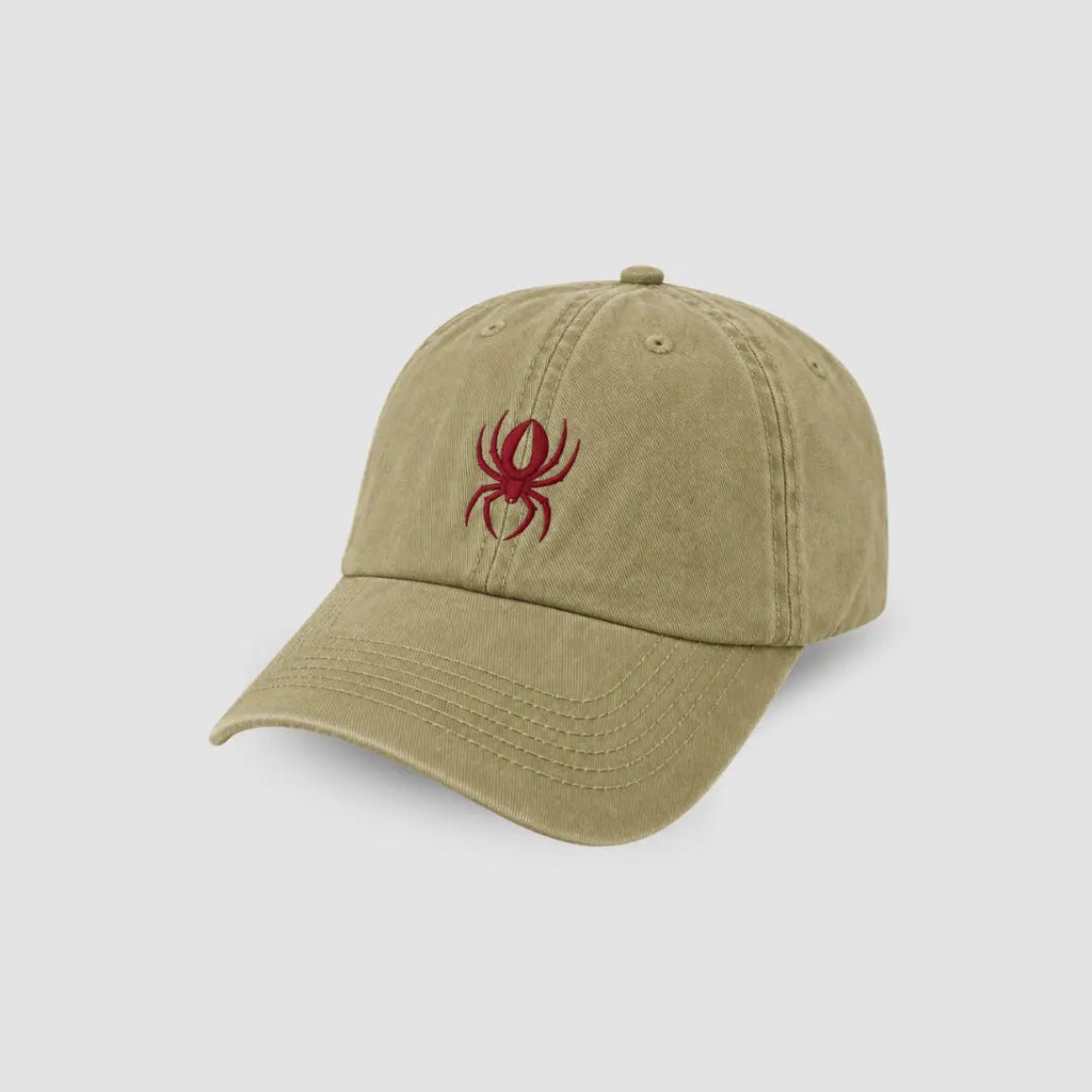 Redback Classic Dad Cap in khaki with a red embroidered spider logo on the front.