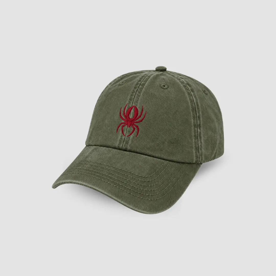 Redback Classic Dad Cap in olive with a red embroidered spider logo on the front.